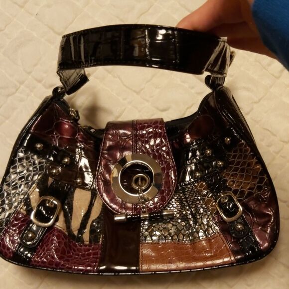 Y2K Leather Purse Purple Black Patchwork Style Over the Shoulder strap zipper - Picture 8 of 8
